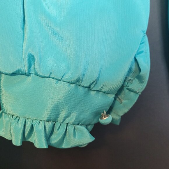 Vintage Polyester Blouse Turquoise Ruffle 70s Union Made Button Front Sz 38 Lrg - Picture 2 of 11